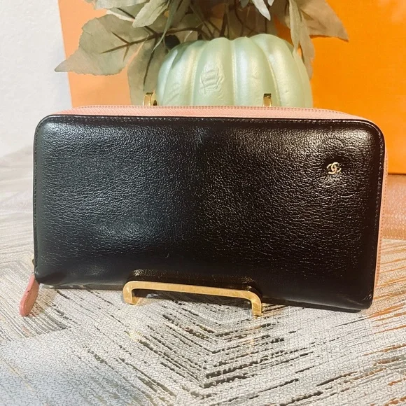 Chanel black and pink zipper long wallet